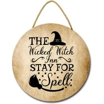 Eveokoki 12" The Wicked Witch Stay for Spell Hanging Sign for Front Door， Round Wooden Wreath for Home Wall Decor Halloween Day Festival Decoration Outdoor Indoor