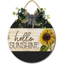 Eveokoki 12" Wooden Sign Hello Sunshine Front Door,Mall Decor for Farmhouse Porch Decorations, Rustic Wreaths Sign with Stapled Greenery, Round Wooden Hanging Sign