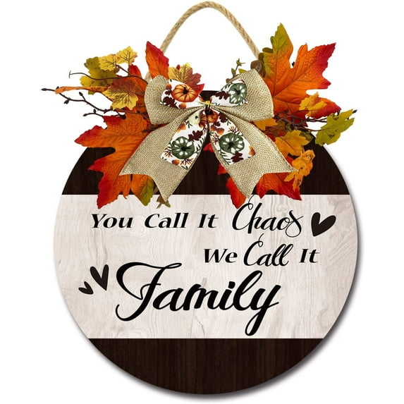 Eveokoki 12" You Call It Chaos We Call It Family Signs for Front Door Farmhouse Porch Rustic Round Wooden Hanging Wreaths for Housewarming Gift Festival Decoration Outdoor Indoor Wall Decor