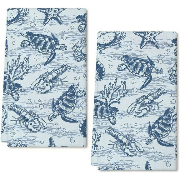Eveokoki 2 Pcs Beach Kitchen Towels Sea Animals Dish Towel Set Ocean Animal Themed Hand Towels Soft Dish Towels for Kitchen Decorative Absorbent Tea Towels for Bathroom
