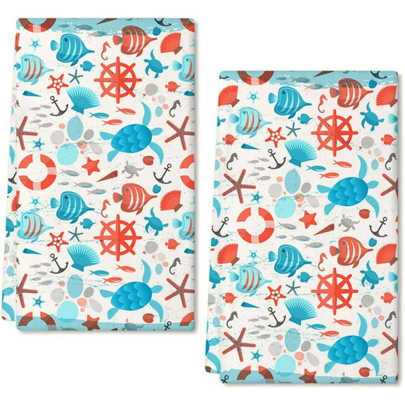 Eveokoki 2 Pcs Beach Kitchen Towels Sea Life Dish Towel Set Ocean Animal Themed Hand Towels Soft Dish Towels for Kitchen Decorative Absorbent Tea Towels for Bathroom