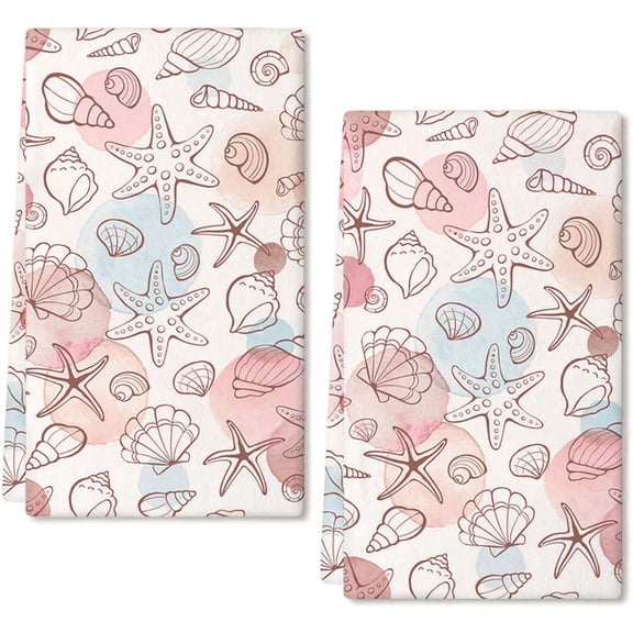 Eveokoki 2 Pcs Beach Kitchen Towels Sea Shell Dish Towel Set Ocean Animal Themed Hand Towels Soft Dish Towels for Kitchen Decorative Absorbent Tea Towels for Bathroom