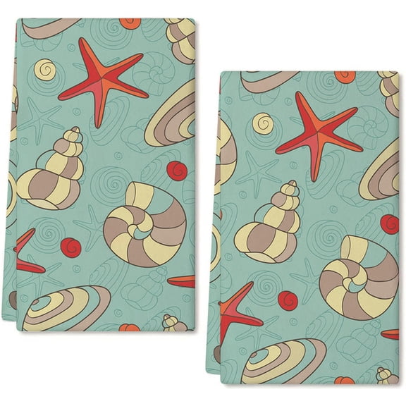 Eveokoki 2 Pcs Beach Kitchen Towels Shells And Starfish Dish Towel Set Ocean Animal Themed Hand Towels Soft Dish Towels for Kitchen Decorative Absorbent Tea Towels for Bathroom