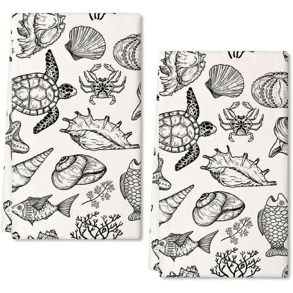 Eveokoki 2 Pcs Beach Kitchen Towels Sketch Of Sea Ocean Life Dish Towel Set Ocean Animal Themed Hand Towels Soft Dish Towels for Kitchen Decorative Absorbent Tea Towels for Bathroom