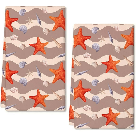 Eveokoki 2 Pcs Beach Kitchen Towels Starfish And Seashells Dish Towel Set Ocean Animal Themed Hand Towels Soft Dish Towels for Kitchen Decorative Absorbent Tea Towels for Bathroom