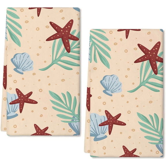 Eveokoki 2 Pcs Beach Kitchen Towels Starfish Shells Leaf Dish Towel Set Ocean Animal Themed Hand Towels Soft Dish Towels for Kitchen Decorative Absorbent Tea Towels for Bathroom