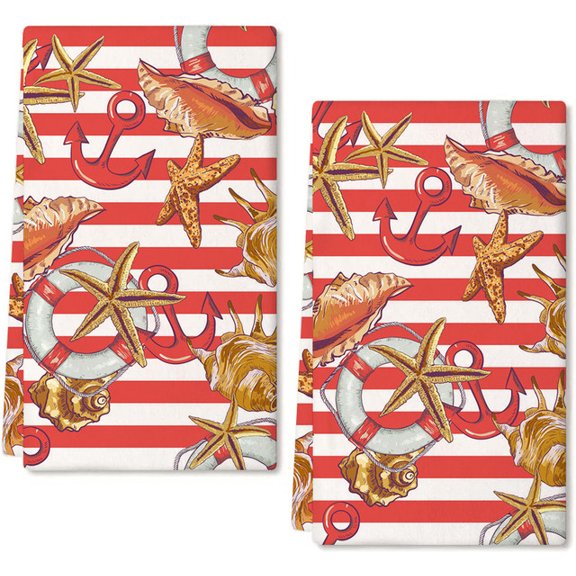 Eveokoki 2 Pcs Beach Kitchen Towels Summer Sea Shells Anchor Dish Towel Set Ocean Animal Themed Hand Towels Soft Dish Towels for Kitchen Decorative Absorbent Tea Towels for Bathroom