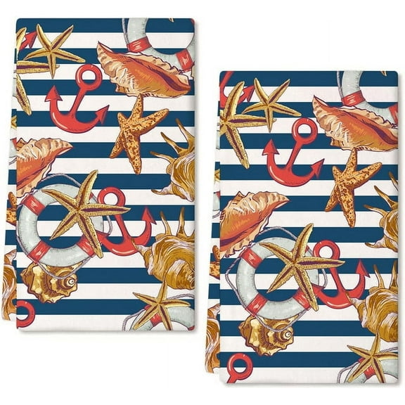 Eveokoki 2 Pcs Beach Kitchen Towels Summer Sea Shells Anchor Dish Towel Set Ocean Animal Themed Hand Towels Soft Dish Towels for Kitchen Decorative Absorbent Tea Towels for Bathroom