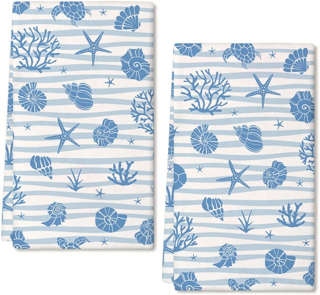 Bencailor 6-Pack Summer Beach Kitchen Towels - Ocean Theme Hand Towels, Blue & White Marine Life Decor