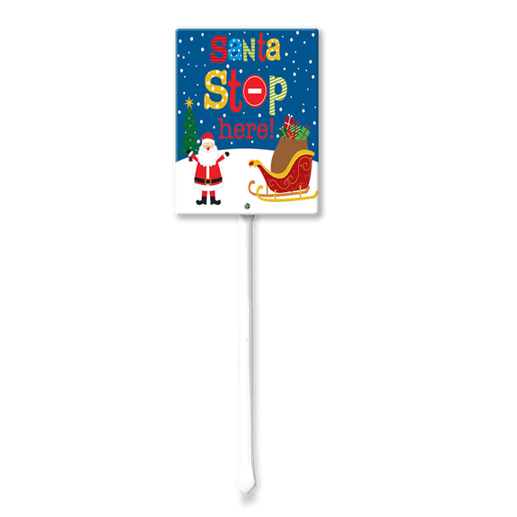 Eveokoki 4.6x6Inch Christmas Direction Sign Yard Stake, Santa Stop Here Garden Stake Wall Ornament Decor for Lawn Outdoor Holiday Decorations Outdoor Display