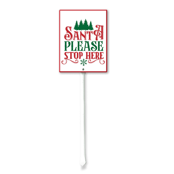 Eveokoki 8x12Inch Christmas Direction Sign Yard Stake, Santa Please Stop Here Garden Stake Wall Ornament Decor for Lawn Outdoor Holiday Decorations Outdoor Display