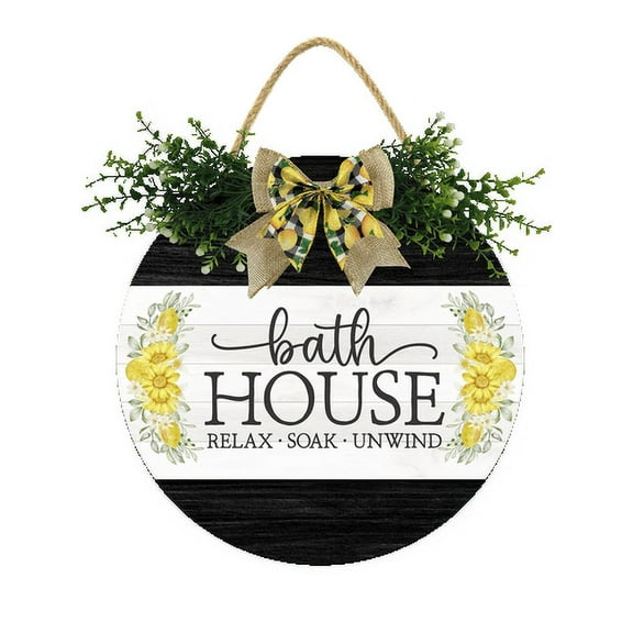 Eveokoki Bath House Relax Soak Unwind Signs Decor - 12" Round Farmhouse Bathroom Wall Decor Art, Apartment Decor Accessories, Wooden Door Hanging Sign for Guest, Half Bath or Restroom