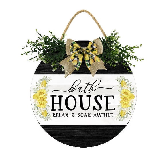 Eveokoki Bath House Signs Decor - 11" Round Farmhouse Bathroom Wall Decor Art, Apartment Decor Accessories, Wooden Door Hanging Sign for Guest, Half Bath or Restroom