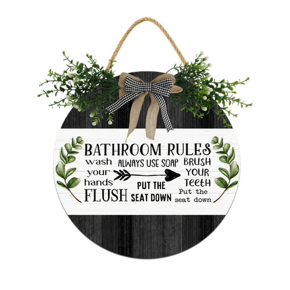 Eveokoki Bathroom Rules Sign For Bathroom Door,Rustic Round Wooden Wreath,Funny Bath Signs For Door,Farmhouse Restroom Signs Decor 11 Inch