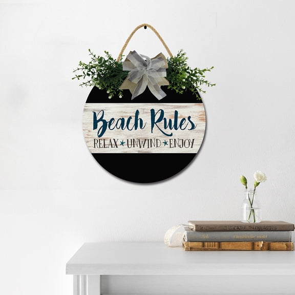 Eveokoki Beach Rules Wooden Front Door Sign Rustic Round Wreath Wall Hanger Porch Decor Spring and Summer Farmhouse Decoration Housewarming Gift 11 Inches