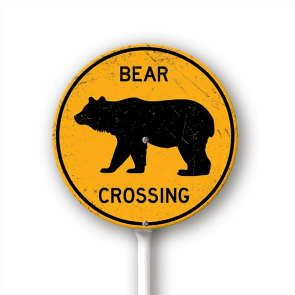 Eveokoki Bear Crossing Round Sign with Metal Stake -9.2x9.2inch Lawn Signs Sturdy Aluminum Retro Sign for Outdoor Use Waterproof Signs Outdoor Decor for Yard Grass Garden