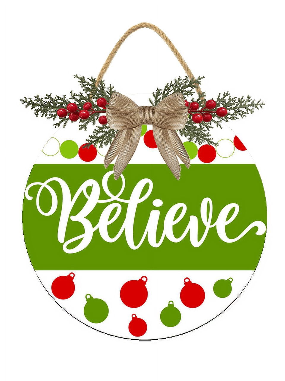 Eveokoki Believe Door Hanging Sign 12 inch Wooden Wall Sign, Rustic Holiday Wreath Decor for Front Door Porch Home Window Wall Farmhouse Decorations