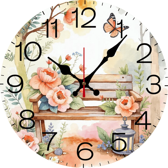 Eveokoki Bench Blooming Garden With Butterfly Round Wall Clock, 10 Inch Analog Quiet Non Ticking Desk Clock for Home Kitchen/Living Room/Bedroom/Bathroom/Office