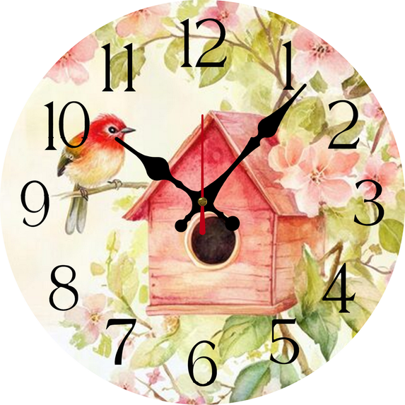 Eveokoki Bird Perched Branch Near Birdhouse Wooden Round Wall Clock,10-Inch Silent Non-Ticking Decorative Clock for Living Room, Bedroom, Kitchen, Office, Farmhouse & Modern Home Decor