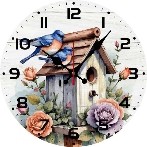 Eveokoki Birdhouse Round Wall Clock, 12 Inch Analog Quiet Non Ticking Desk Clock for Home Kitchen/Living Room/Bedroom/Bathroom/Office