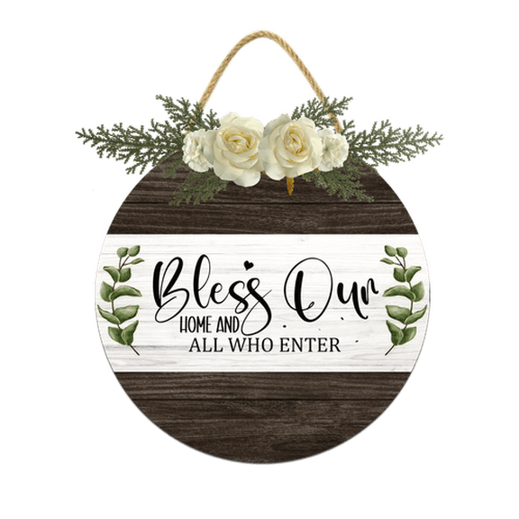 Eveokoki Bless Our Home and All Who Enter Sign for Front Door, Rustic Round Wood Wreaths Wall Hanging Outdoor Decor, Porch Fence Decorations Gift for Home Outdoor for All Seasons Holiday 11Inches