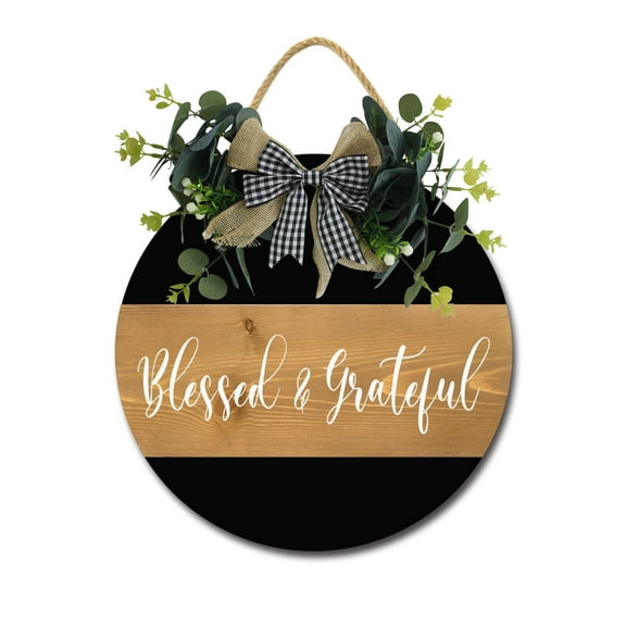 Eveokoki Blessed & Grateful Front Door Sign Funny Wreaths Hanging Wooden Plaque Decoration Round Rustic Wood Farmhouse Porch Decor for Home Front Door Decor, 11 x 11 Inch
