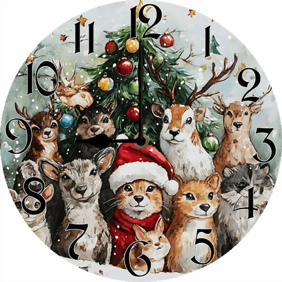 Eveokoki Cats Dogs Standing Around Christmas Tree Wall Clock Large Silent Non-Ticking Battery Operated Modern Clocks for Living Room Decor/Bedroom/Office (12x12 in)