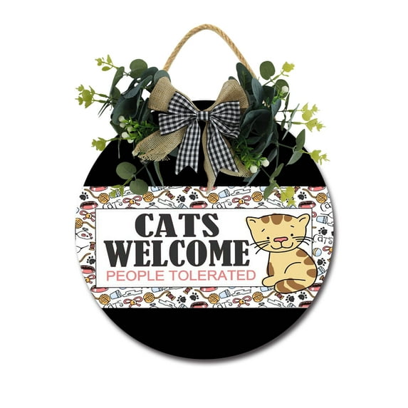 Eveokoki Cats Welcome People Tolerated Front Door Sign Funny Wreaths Hanging Wooden Plaque Decoration Round Rustic Wood Farmhouse Porch Decor for Home Front Door Decor, 12 x 12 Inch
