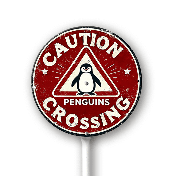 Eveokoki Caution Penguin Crossing Sign With Stake For Neighborhoods Yard Aluminium Caution Signs 9.2x9.2inch Round Farm Decorations Yard Lawn Walkway Decorations Animal Signs