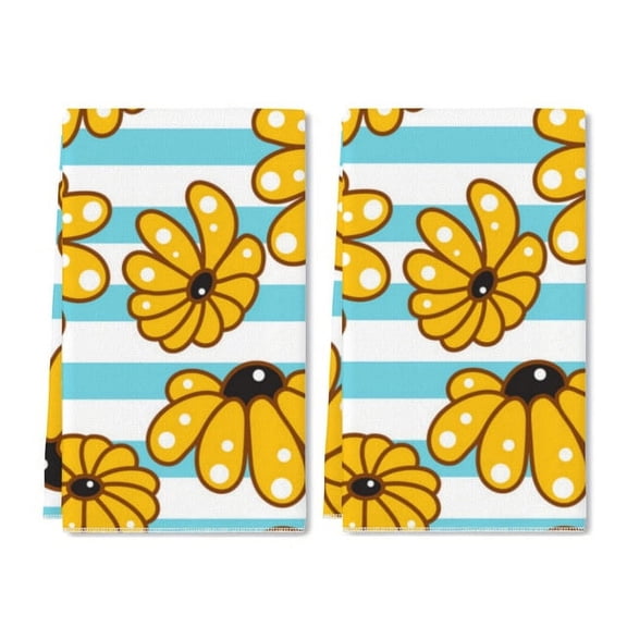 Eveokoki Chamomile Striped Blue Pattern Kitchen Dish Towel Set of 2, Floral Ultra Absorbent Hand Drying Baking Cooking Cloth, Spring Seasonal Decor Home Decorations 16 x 24 Inch
