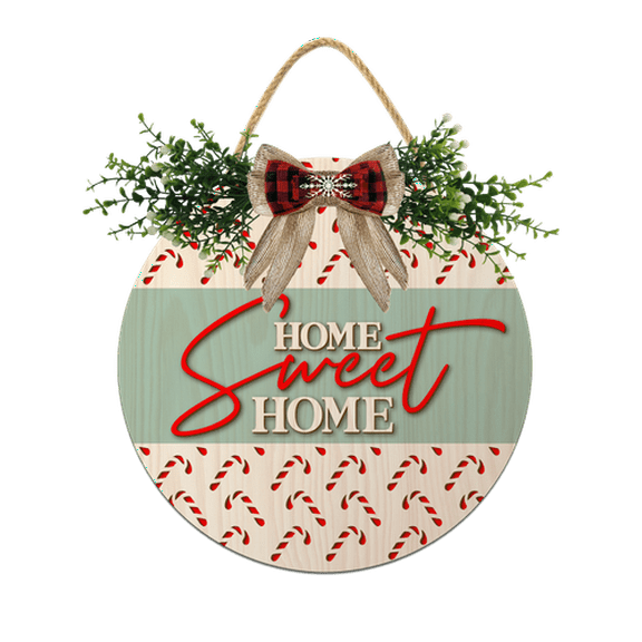 Eveokoki Christmas Door Wreath Home Sweet Home Hanging Wall Sign for Front Door 8'' Round Xmas Tree Winter Wreath Wooden Porch Signs with Bow Porch Farmhouse Home Wall Decor