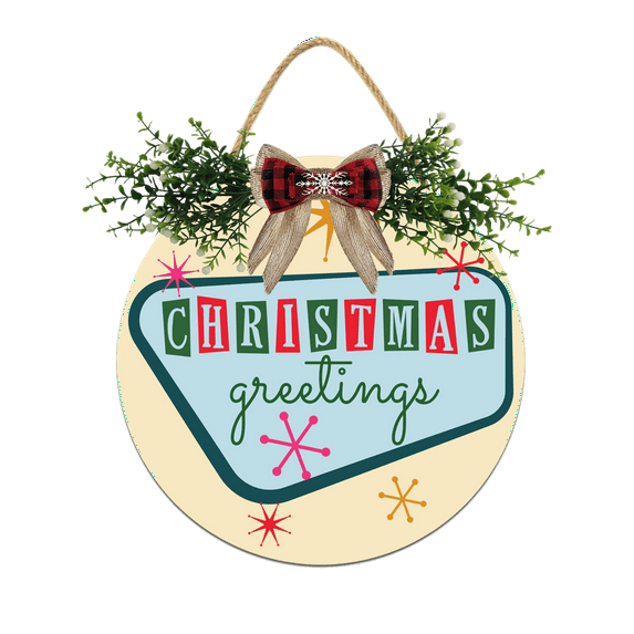 Eveokoki Christmas Greetings Decorations Wreath, Wooden Hanging Sign Rustic Wooden Holiday Decor for Front Door Porch Window Wall Farmhouse Indoor Outdoor Decorations 11x11Inch