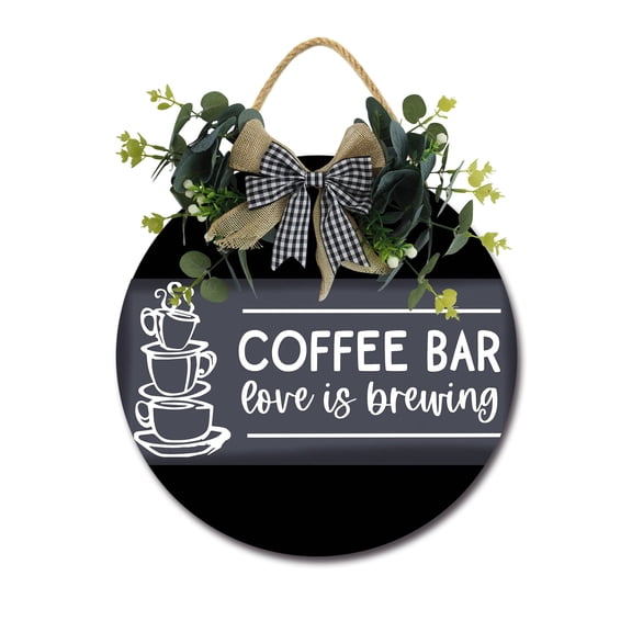 Eveokoki Coffee Bar Love Is Brewing Front Door Sign Funny Wreaths Hanging Wooden Plaque Decoration Round Rustic Wood Farmhouse Porch Decor for Home Front Door Decor, 12 x 12 Inch