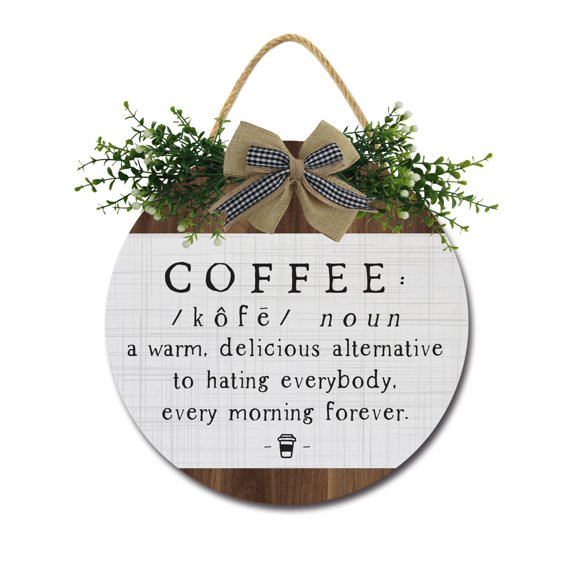 Eveokoki Coffee Sign Farmhouse Wood Sign Front Porch Decor Rustic Wooden Sign Wall Decor Hanging Wooden Decorations with Bow-Knot for Home Porch Wall Door, 12 x 12 Inch