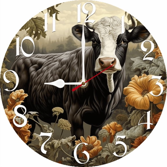 Eveokoki Cow Field Flowers With Cloudy Sky Wall Clock 10 Inch Battery Operated Silent Non Ticking Rustic Wooden Clocks Home Decor for Kitchen, Living Room, Bedroom, Office