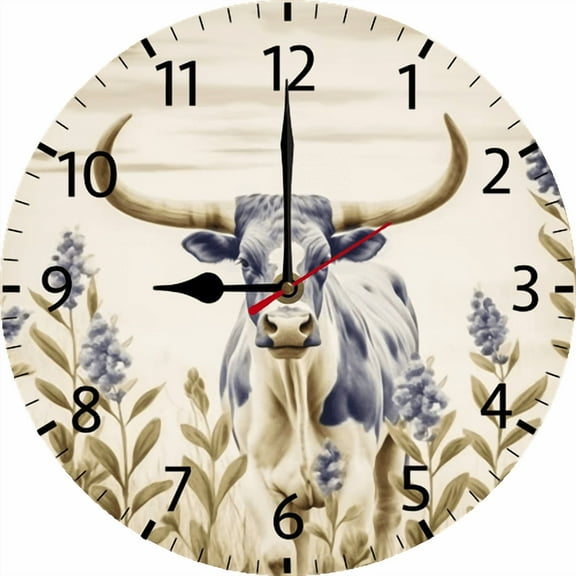 Eveokoki Cow With Horns Field Flowers Wall Clock 10 Inch Battery Operated Silent Non Ticking Rustic Wooden Clocks Home Decor for Kitchen, Living Room, Bedroom, Office