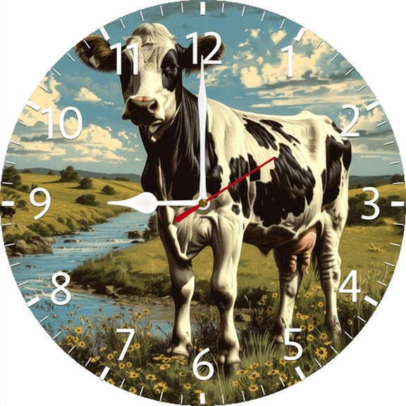 Eveokoki Cow Pastoral Setting Wall Clock 10 Inch Battery Operated Silent Non Ticking Rustic Wooden Clocks Home Decor for Kitchen, Living Room, Bedroom, Office