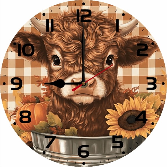 Eveokoki Cow Is Sitting Bucket With Sunflowers Wall Clock 12 Inch Battery Operated Silent Non Ticking Rustic Wooden Clocks Home Decor for Kitchen, Living Room, Bedroom, Office