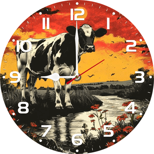 Eveokoki Cow Standing By A River At Sunset Wall Clock 12 Inch Battery Operated Silent Non Ticking Rustic Wooden Clocks Home Decor for Kitchen, Living Room, Bedroom, Office