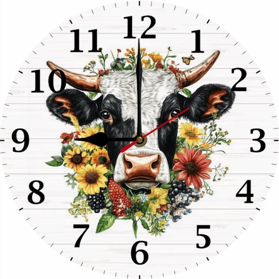 Eveokoki Cow Surrounded By Colorful Flowers Wall Clock 10 Inch Battery Operated Silent Non Ticking Rustic Wooden Clocks Home Decor for Kitchen, Living Room, Bedroom, Office