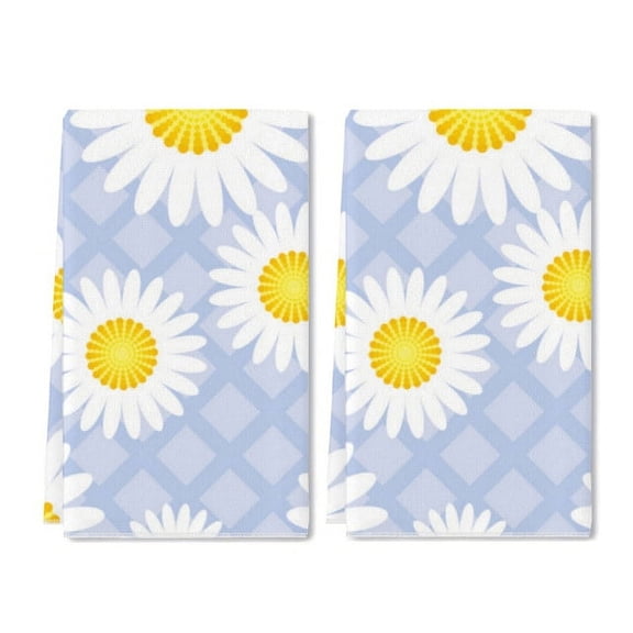 Eveokoki Cute Classic Daisy Flowers Kitchen Dish Towel Set of 2, Floral Ultra Absorbent Hand Drying Baking Cooking Cloth, Spring Seasonal Decor Home Decorations 16 x 24 Inch