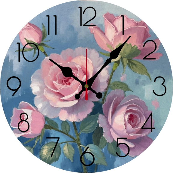 Eveokoki DIY Wall Clock 10 Inch Battery Operated Vintage Round Wooden Clocks Pink Roses Decor Silent Wall Clock for Home Kitchen Office Decoration