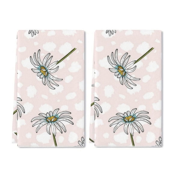 Eveokoki Daisy Flower Summer Pattern Kitchen Dish Towel Set of 2, Floral Ultra Absorbent Hand Drying Baking Cooking Cloth, Spring Seasonal Decor Home Decorations 16 x 24 Inch