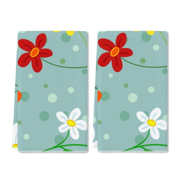 Eveokoki Daisy Flowers Kitchen Dish Towel Set of 2, Floral Ultra Absorbent Hand Drying Baking Cooking Cloth, Spring Seasonal Decor Home Decorations 16 x 24 Inch