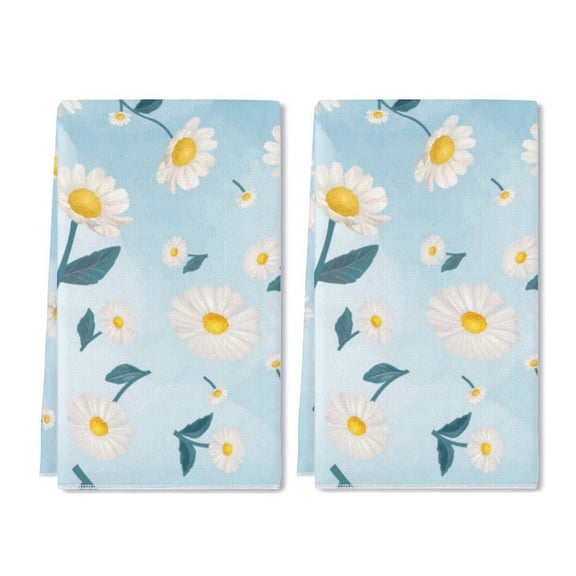 Eveokoki Daisy Pattern Kitchen Dish Towel Set of 2, Floral Ultra Absorbent Hand Drying Baking Cooking Cloth, Spring Seasonal Decor Home Decorations 16 x 24 Inch