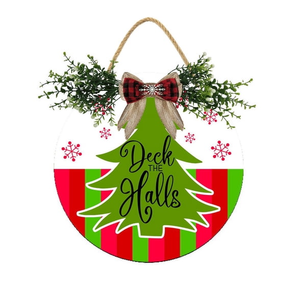 Eveokoki Deck The Halls Door Hanging Sign 11 inch Wooden Wall Sign, Rustic Holiday Wreath Decor for Front Door Porch Home Window Wall Farmhouse Decorations