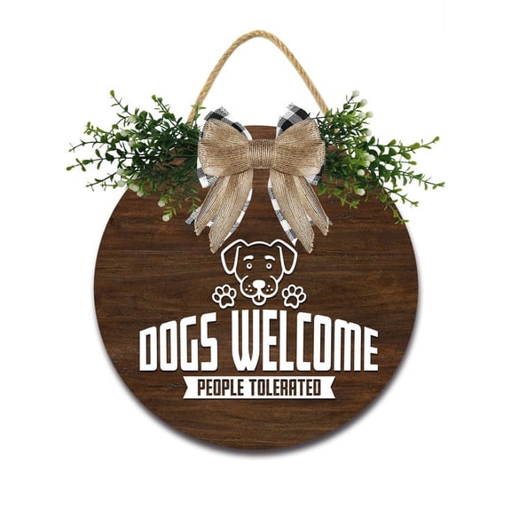 Eveokoki Door Sign Wood Decor - Dogs Welcome People ToleratedWall Decor - Wooden Door Hangers Wreath with Bow for Home Decorations Indoor Party Supplies