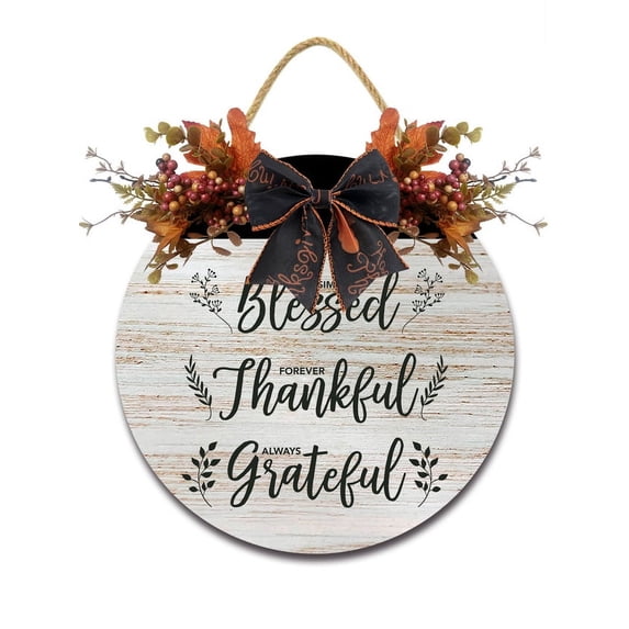 Eveokoki Door Sign Wood Decor - Grateful Blessed ThankfulWall Decor - Wooden Door Hangers Wreath with Bow for Home Decorations Indoor Party Supplies