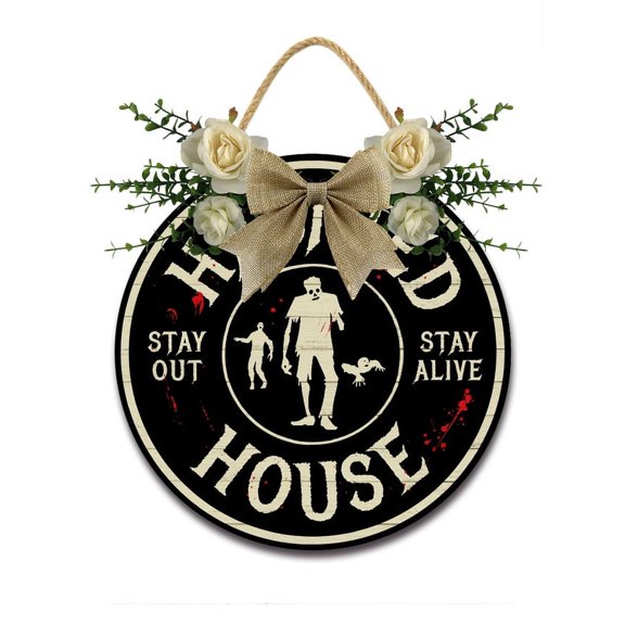 Eveokoki Door Sign Wood Decor - Haunted HouseWall Decor - Wooden Door Hangers Wreath with Bow for Home Decorations Indoor Party Supplies