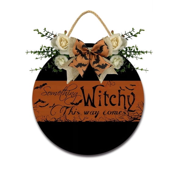 Eveokoki Door Sign Wood Decor - Something Witch This Way ComesWall Decor - Wooden Door Hangers Wreath with Bow for Home Decorations Indoor Party Supplies
